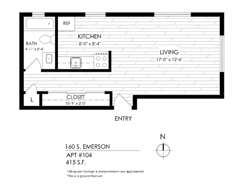Floor plan for studio, 1 bath, 415 sqft